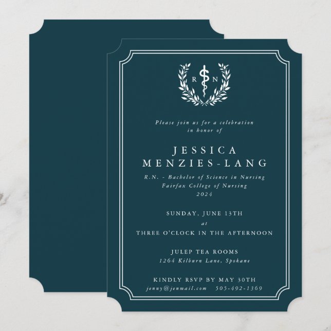 Teal/White Registered Nurse Asclepius Graduation Invitation (Front/Back)