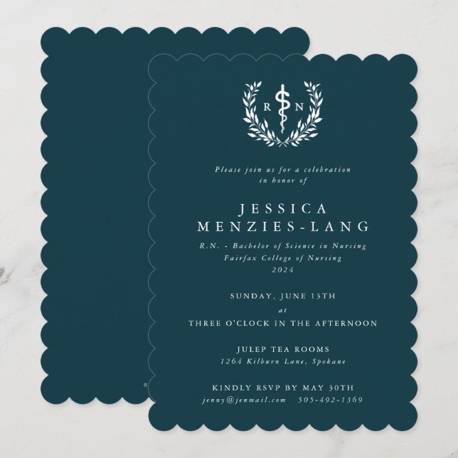 Teal/White Registered Nurse Asclepius Graduation Invitation (Front/Back)