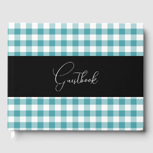 Teal & White Retro Picnic Plaid Wedding Guest Book