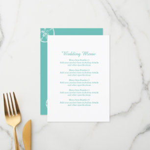 Teal & white sand dollar shell beach wedding menu 