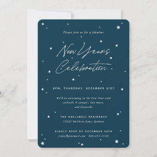 Teal+White Script Scattered Stars New Year' Party Invitation