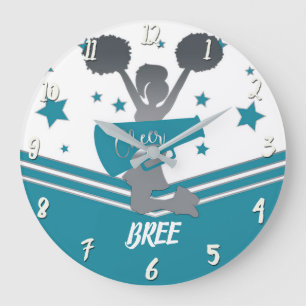 Teal White Silver Stars Cheer Cheer-leading Girls Large Clock