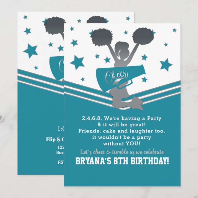 Teal White Silver Stars Cheer Cheer-leading Party Invitation (Front/Back)