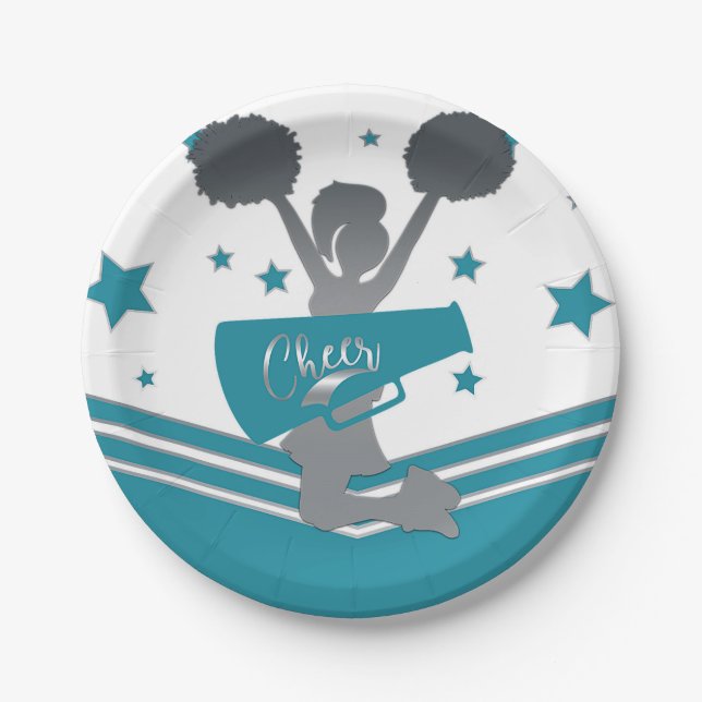 Teal White Silver Stars Cheer Cheer-leading Party Paper Plate (Front)