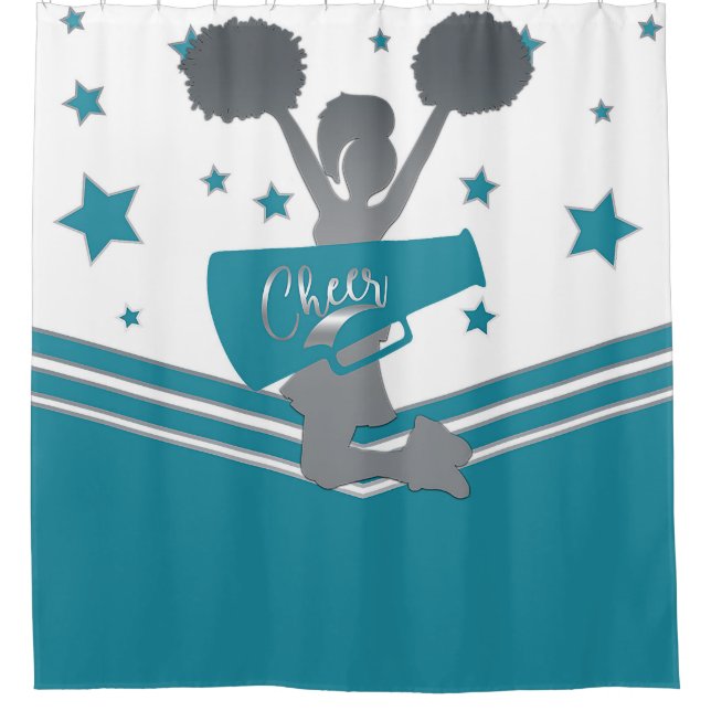 Teal White Silver Stars Cheer Cheer-leading Shower Curtain (Front)