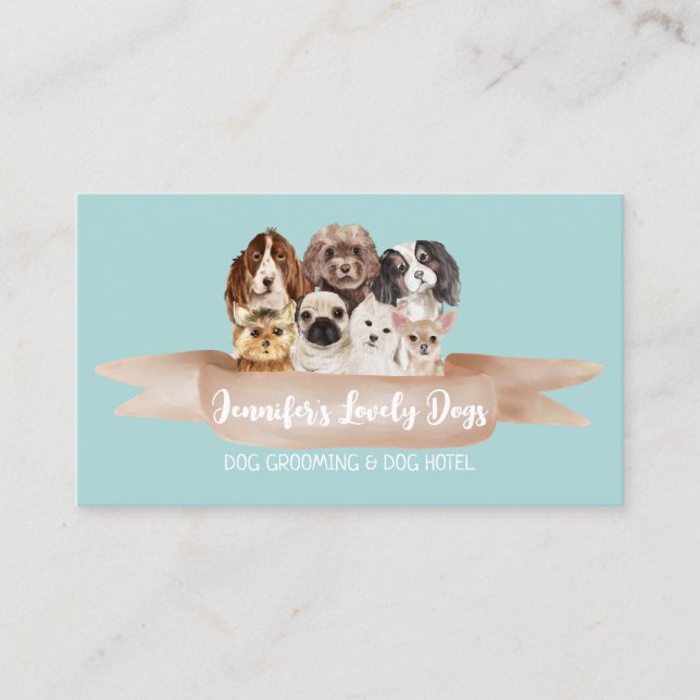 Teal White Small Breeds Dog Groomer Business Card (Front)