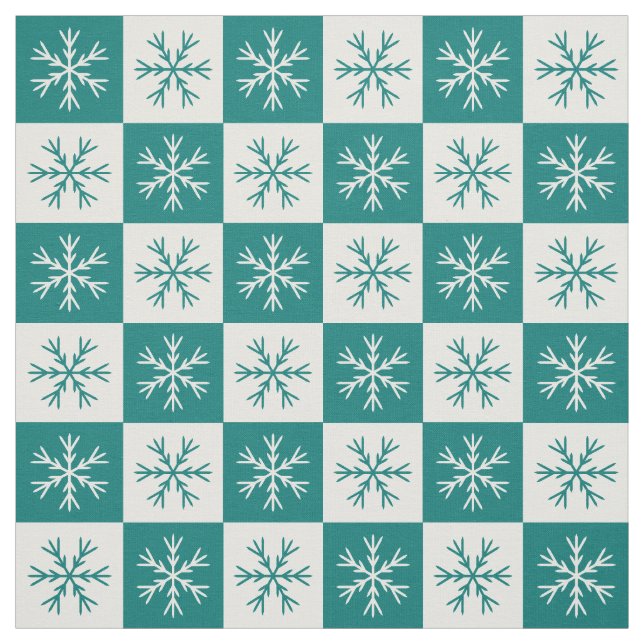 Teal White Snowflake Checkered Pattern Fabric (Swatch)