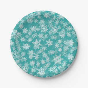 Teal & White Snowflakes Winter Wonderland Holiday Paper Plate