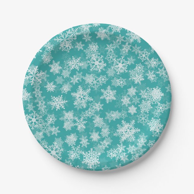 Teal & White Snowflakes Winter Wonderland Holiday Paper Plate (Front)