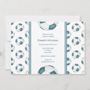 teal white soccer balls pattern birthday party invitation
