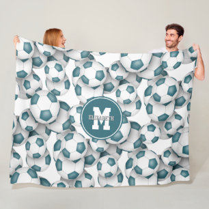 teal white soccer balls pattern monogrammed fleece blanket