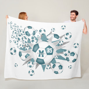 teal white soccer balls stars girls sports decor fleece blanket