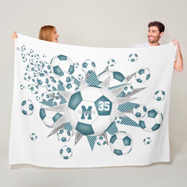teal white soccer balls stars girls sports decor fleece blanket (In Situ)