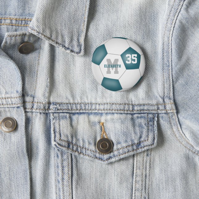 Teal white soccer team colours personalised 6 cm round badge (In Situ)