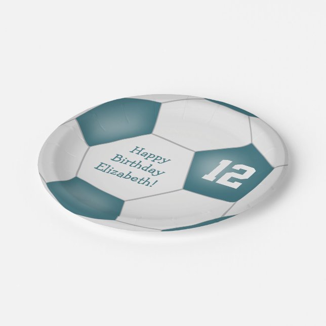 teal white soccer themed birthday party paper plate (Angled)