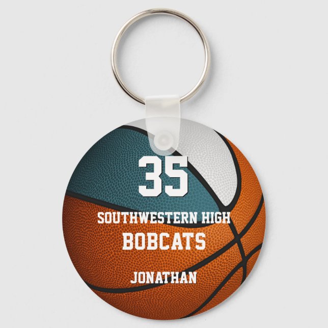 teal white sports boy girl basketball team colours key ring (Front)