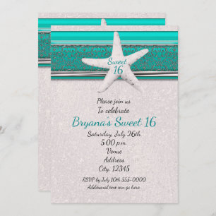 Teal & White Starfish Beach Sweet 16 Invitations