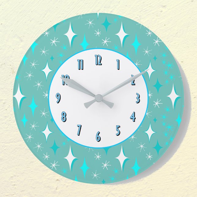 Teal White Stars Pattern Retro Kitchen Wall Clock (Creator Uploaded)