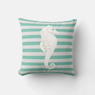 Teal White Stripe Nautical Pillow with Sea Horse