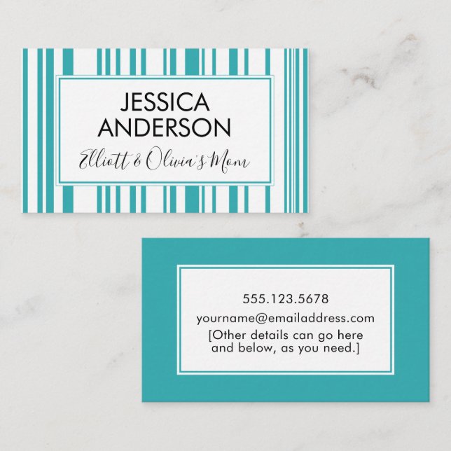 Teal & White Stripes Mummy Playdate Calling Card (Front/Back)