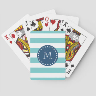 Teal White Stripes Pattern, Navy Blue Monogram Playing Cards