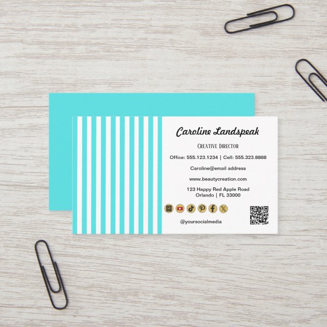 Teal White Stripes & QR Code & Social Media Icons Business Card (Front/Back In Situ)