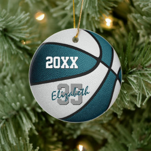 teal white team colours girls boys basketball ceramic tree decoration