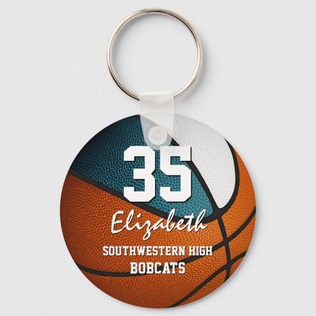 Teal white team colours girls boys basketball key ring (Front)