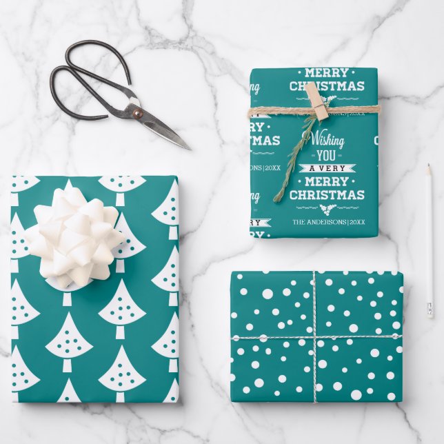 Teal white trees snowflakes and wishes Christmas Wrapping Paper Sheet (Front)