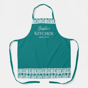 Teal White Utensils Elegant Your Name's Kitchen Apron