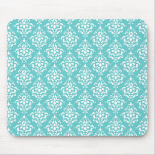 TEAL WHITE VINTAGE DAMASK PATTERN 1 MOUSE MAT