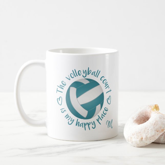 teal white volleyball court is my happy place coffee mug (With Donut)