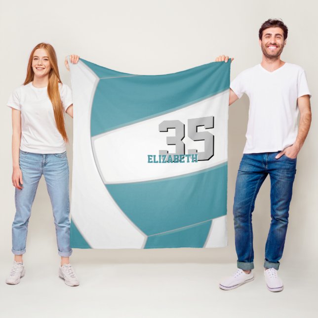teal white volleyball team colours custom name fleece blanket (In Situ)