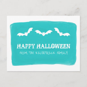 Teal White Watercolor Bats Halloween Postcard