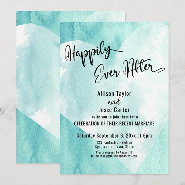 Teal White Watercolor Heart Happily Ever After Invitation (Front/Back)