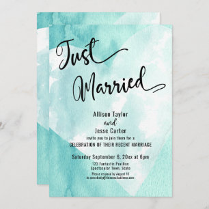 Teal White Watercolor Heart Just Married Script Invitation