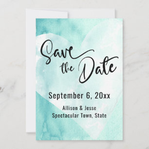 Teal White Watercolor Heart Save the Date Card