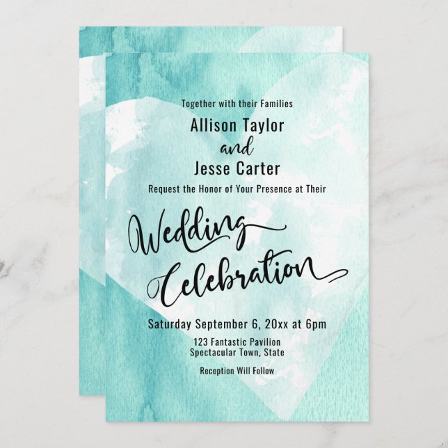 Teal White Watercolor Heart Wedding Celebration Invitation (Front/Back)