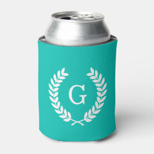 Teal White Wheat Laurel Wreath Initial Monogram Can Cooler