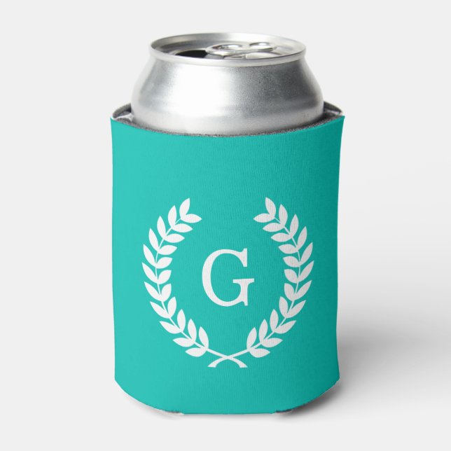 Teal White Wheat Laurel Wreath Initial Monogram Can Cooler (Can Front)