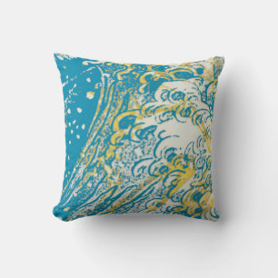 Teal white yellow waves design pillow