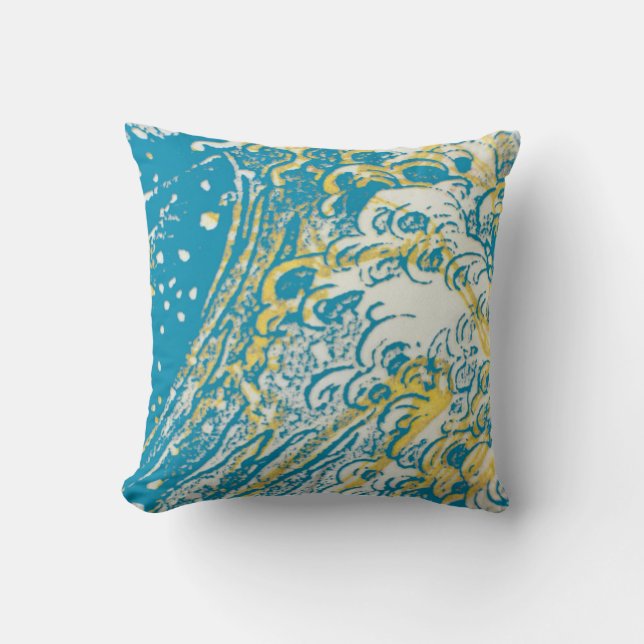 Teal white yellow waves design pillow (Front)