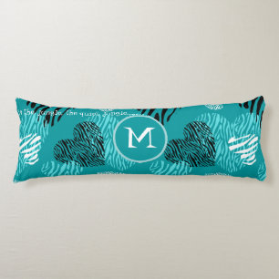 Teal White Zebra Print Hearts Monogram Body Cushion