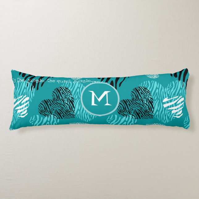 Teal White Zebra Print Hearts Monogram Body Cushion (Front)