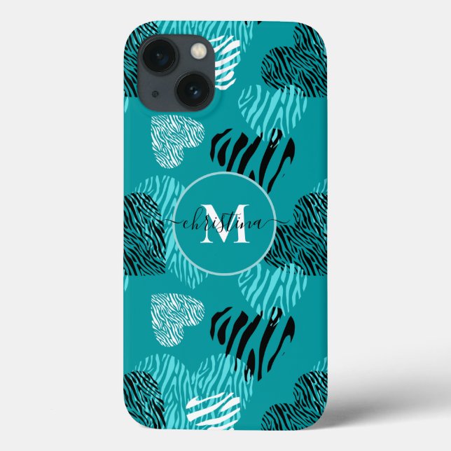 Teal White Zebra Print Hearts Monogram iPhone Case (Back)