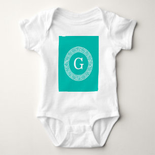 Teal Wht Greek Key Rnd Frame Initial Monogram Baby Bodysuit