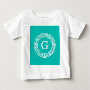 Teal Wht Greek Key Rnd Frame Initial Monogram Baby T-Shirt