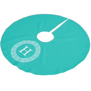 Teal Wht Greek Key Rnd Frame Initial Monogram Brushed Polyester Tree Skirt