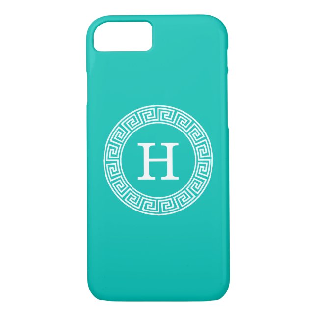 Teal Wht Greek Key Rnd Frame Initial Monogram Case-Mate iPhone Case (Back)