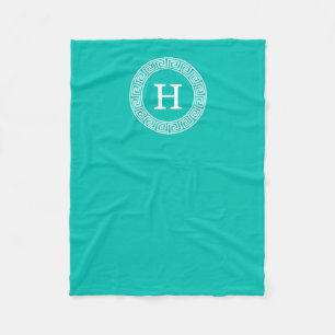 Teal Wht Greek Key Rnd Frame Initial Monogram Fleece Blanket